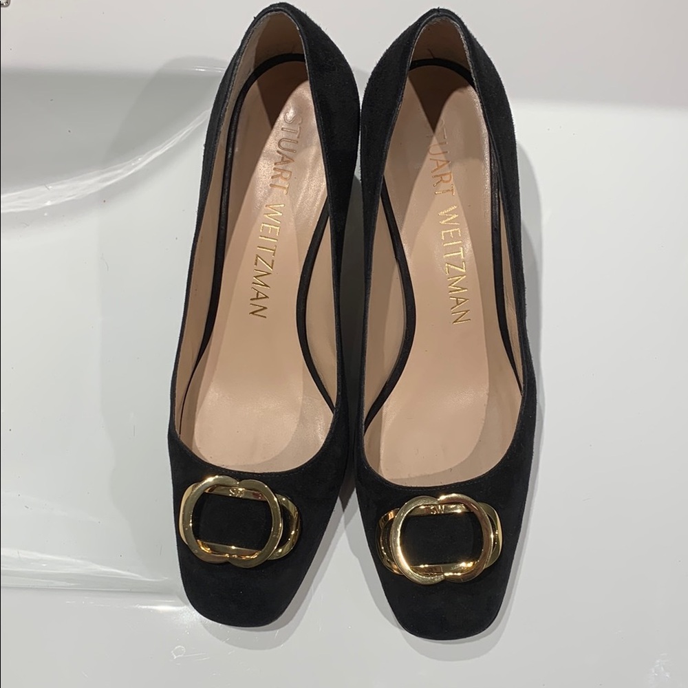 Stuart Weitzman Black Suede and Gold Pumps with Square Toe